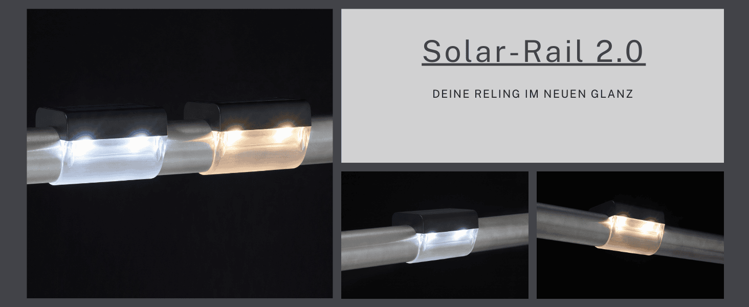 Solarleuchten-Modul Solar-Rail 2.0 am Geländer – modernes Design in Warmweiß und Kaltweiß