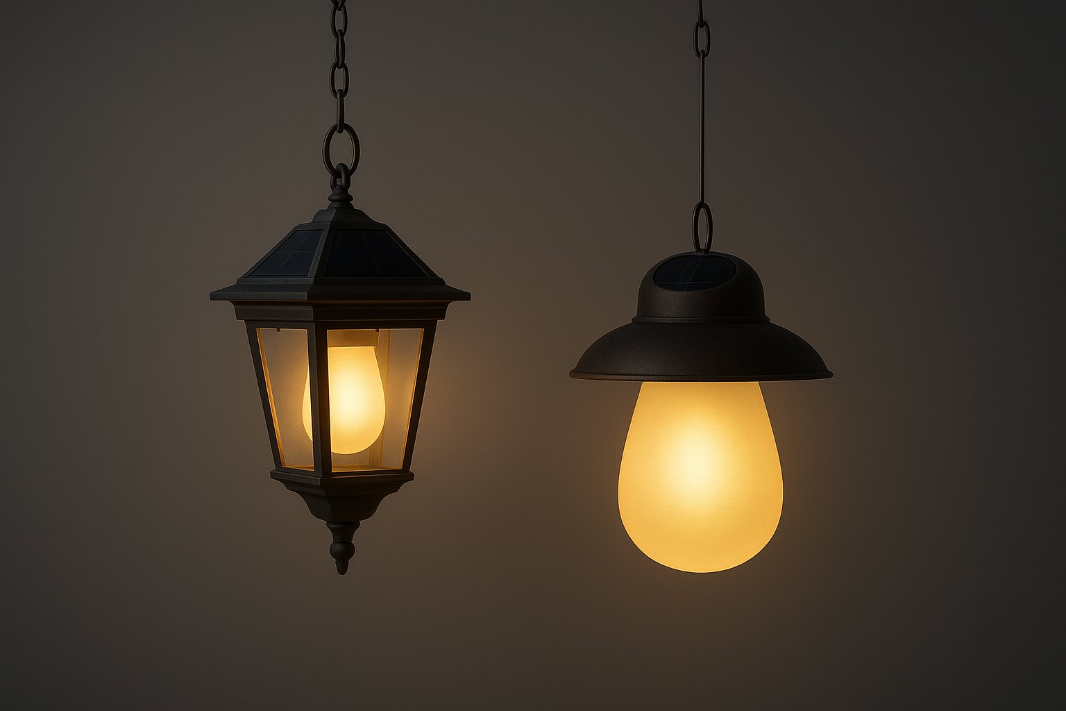 Zwei hängende Solarleuchten mit warmweißem Licht für Garten und Außenbereich.