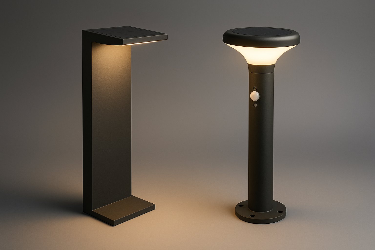 Zwei moderne Solar-Wegeleuchten mit warmweißem Licht für Garten und Außenbereich.