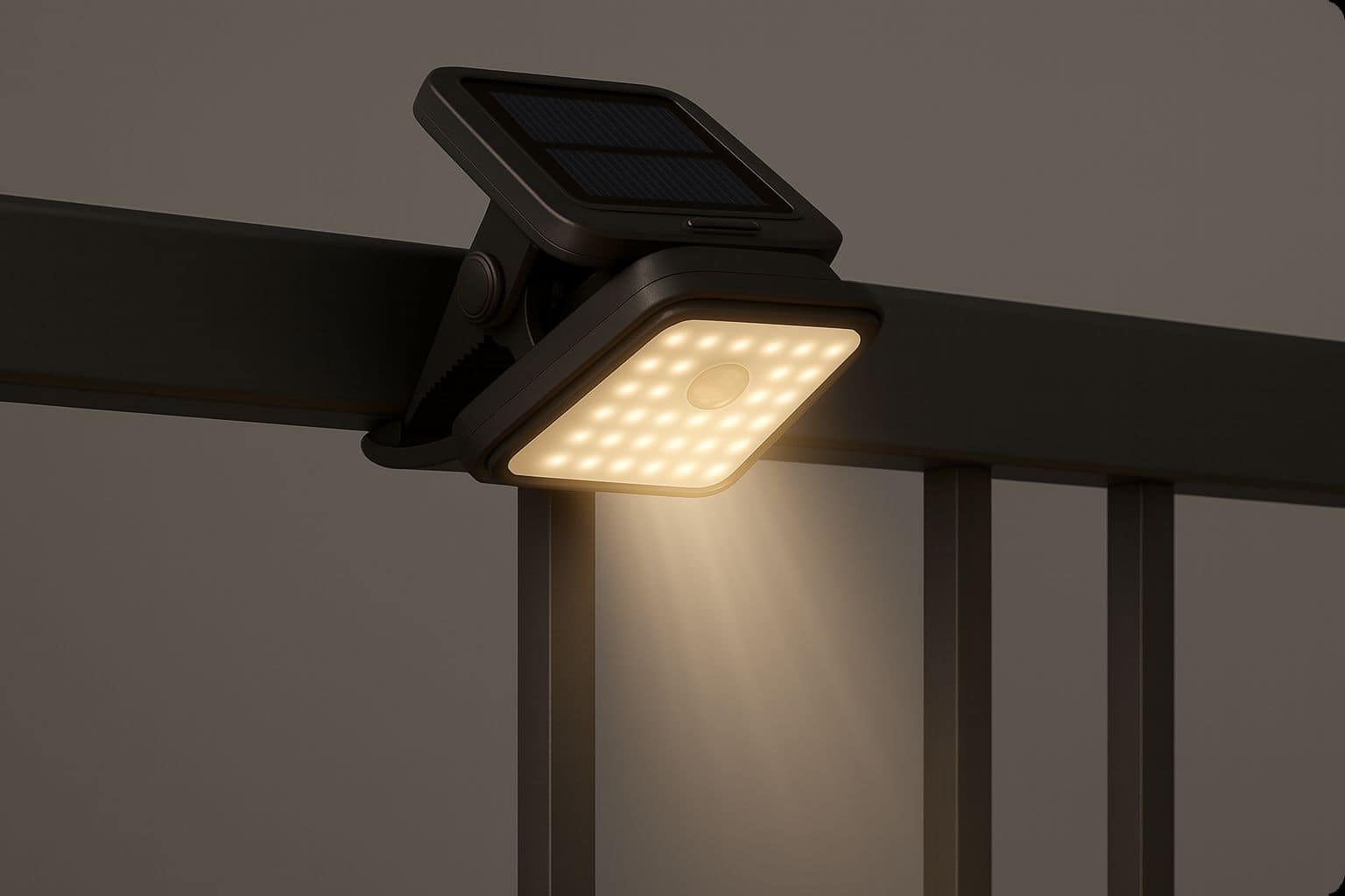 Solar-Klemmleuchte mit warmweißem Licht, montiert an einem Geländer.