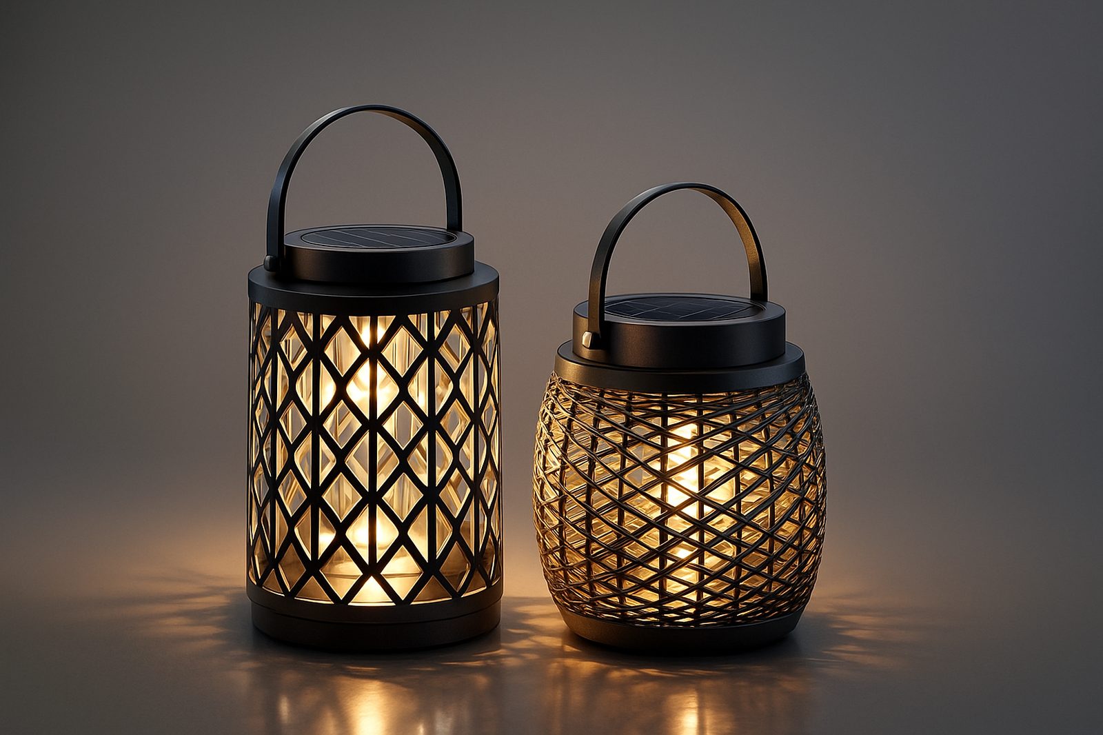 Zwei dekorative Solar-Laternen mit warmweißem Licht und geflochtenem Design für Garten und Terrasse.