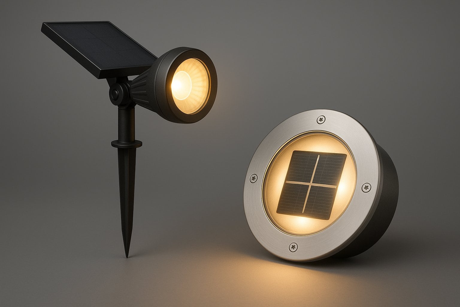 Solar-Spot mit Erdspieß und runde Solar-Bodenleuchte mit warmweißem Licht für Garten und Außenbereich.