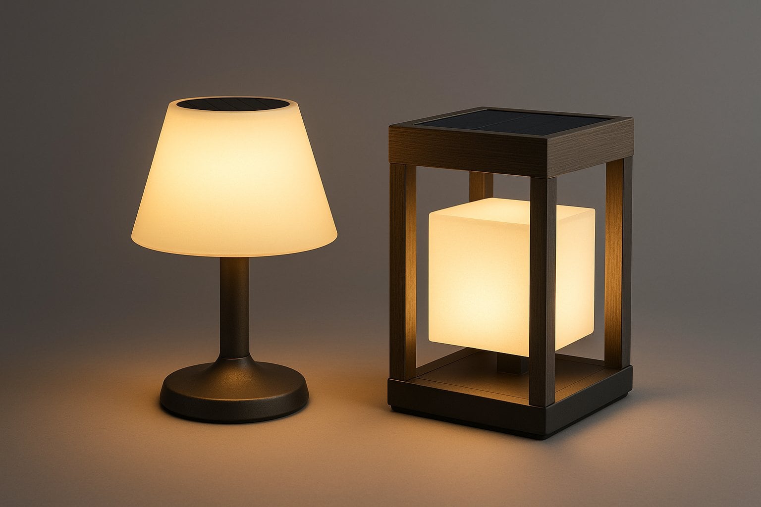 Zwei moderne Solar-Tischleuchten mit warmweißem Licht für Garten, Terrasse und Balkon.